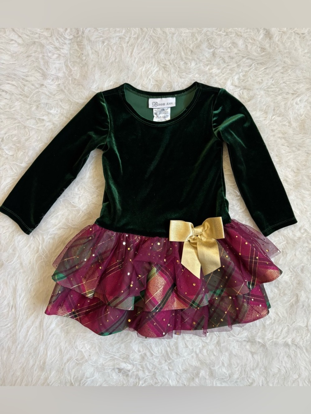Bonnie Jean Toddler Girls Festive Velvet Green & Plum Sparkly Dress